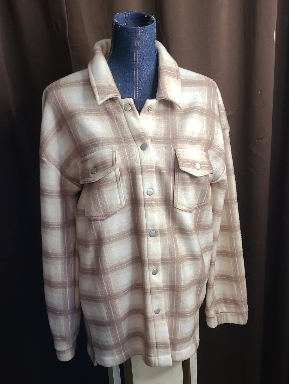 Plaid Utility Shacket Jacket in Beige and Brown